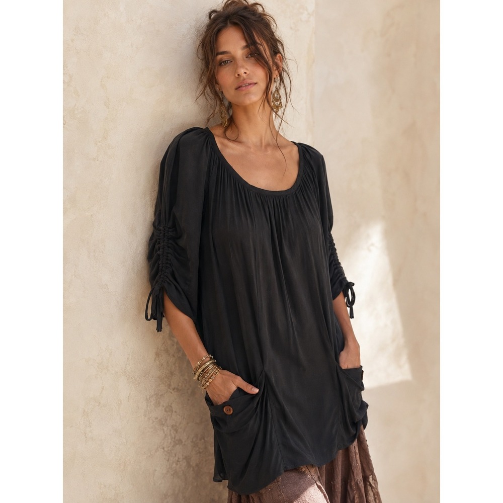 Anthropologie Odille Black Tunic Top S Oversized Slouchy Boho Lagenlook Casual